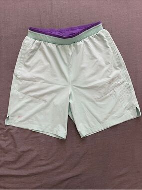 Fabletics Men's Mint Athletic Shorts with Purple Waistband
